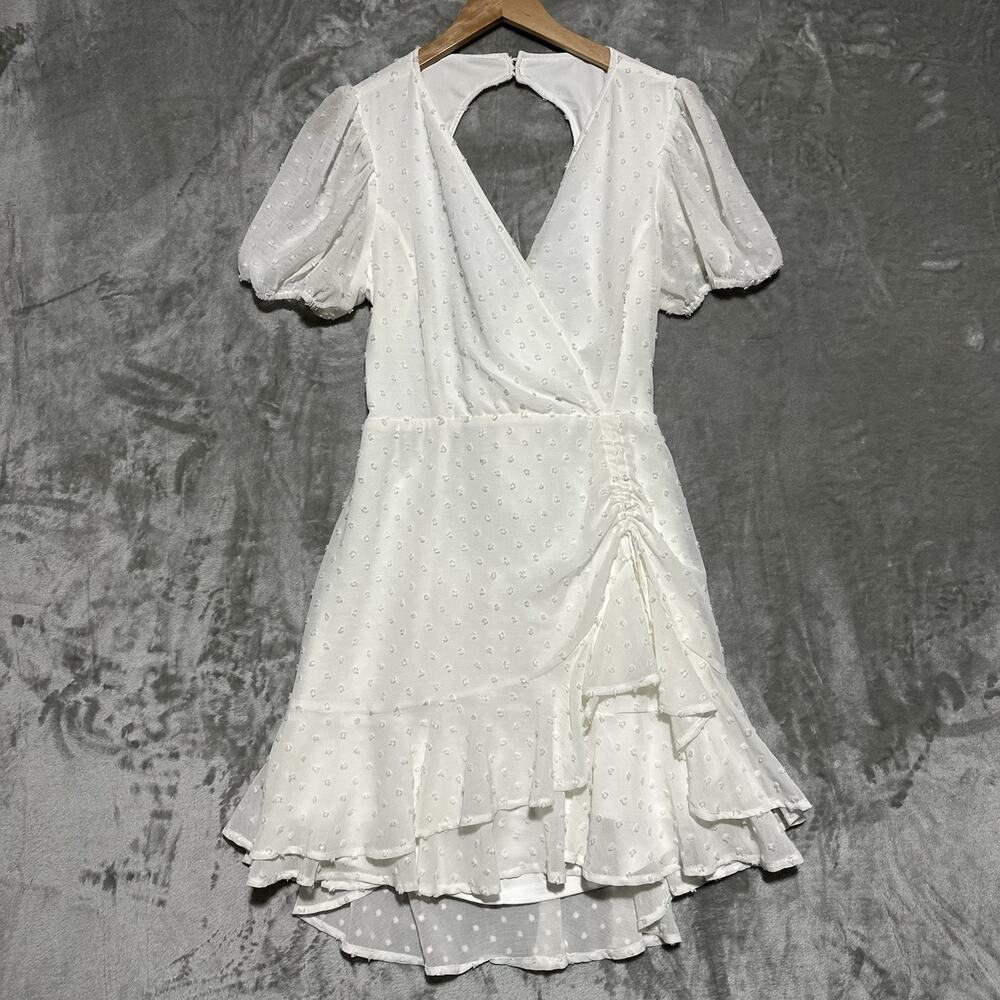 Lulus Daily Darling White Swiss Dot Ruffled Tie Back Mini Dress Womens L Bridal